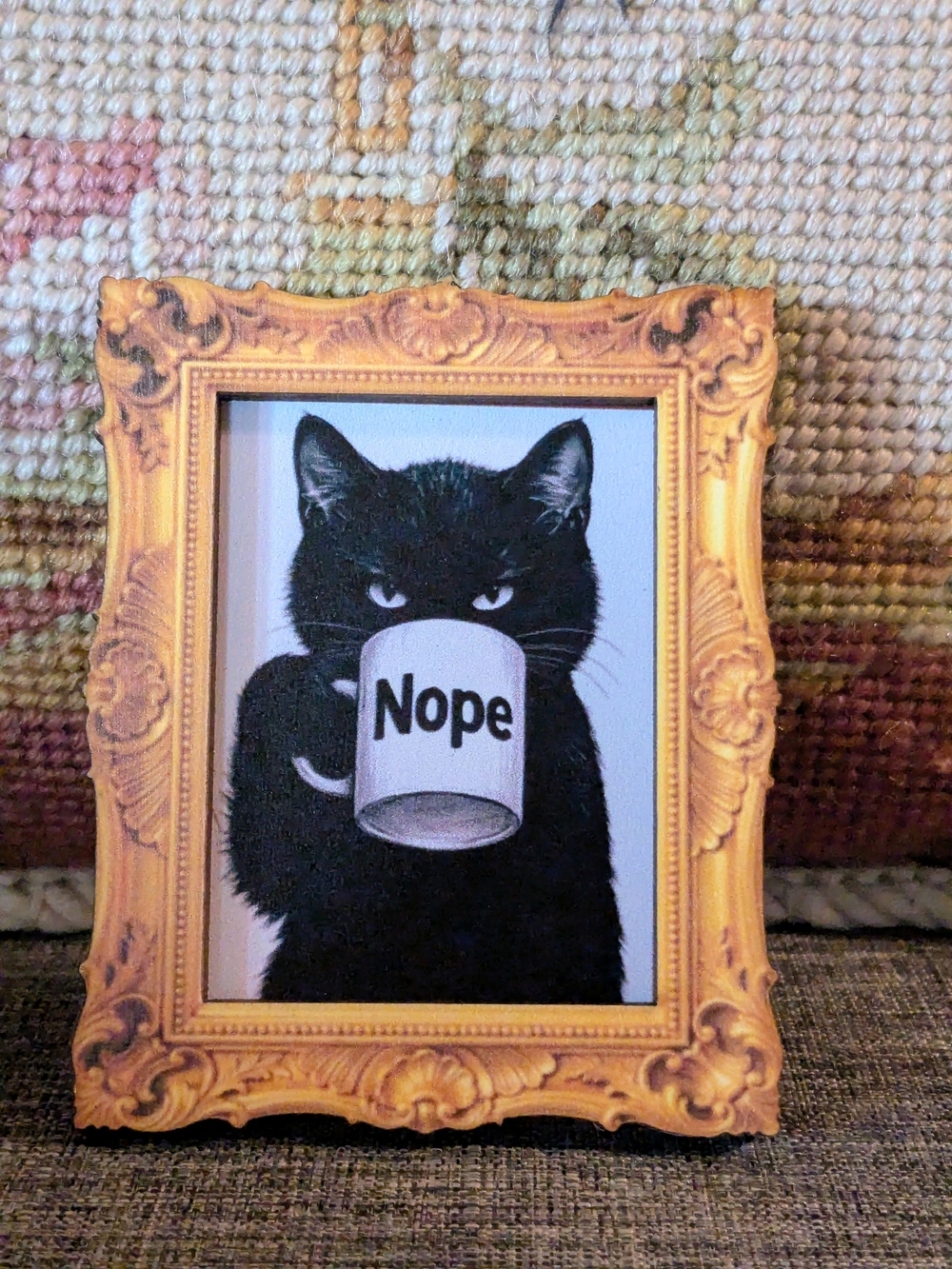 Decorative Black Cat 'Nope' Mug Art in Ornate Gold Frame Magnet.